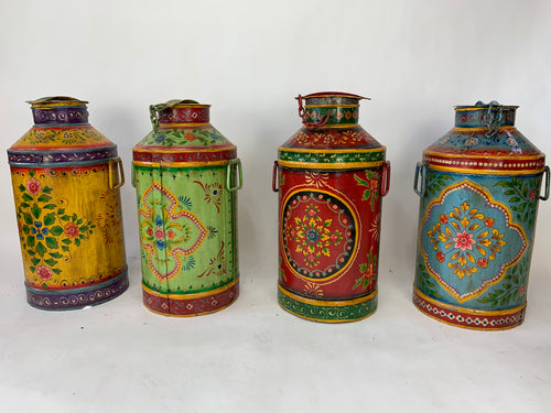 Vintage Indian Antique Design Colorful Hand painted Iron Milk Can - Hom Decor Warehouse